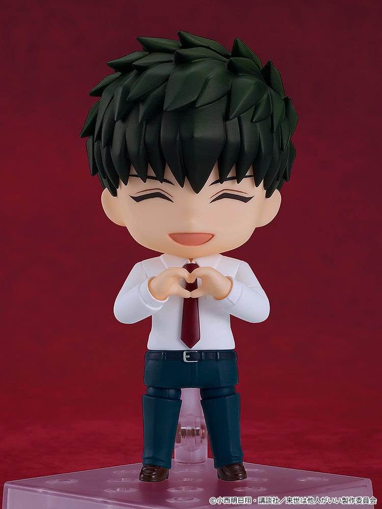 Yakuza Fiance: Raise wa Tanin ga li Nendoroid No.2629 Kirishima Miyama figure in business attire with a smiling expression, making a heart-shaped hand gesture