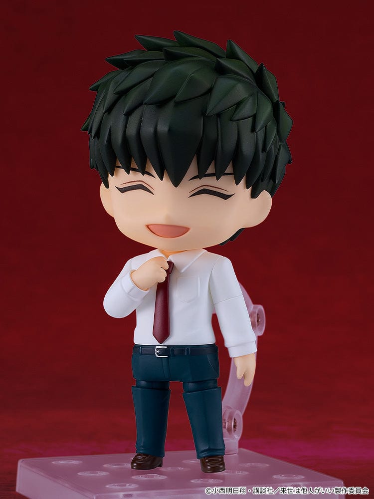 Yakuza Fiance: Raise wa Tanin ga li Nendoroid No.2629 Kirishima Miyama figure in business attire with a smiling expression, making a heart-shaped hand gesture