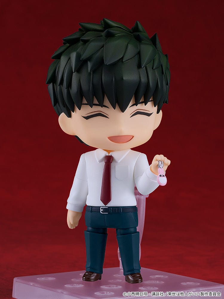 Yakuza Fiance: Raise wa Tanin ga li Nendoroid No.2629 Kirishima Miyama figure in business attire with a smiling expression, making a heart-shaped hand gesture