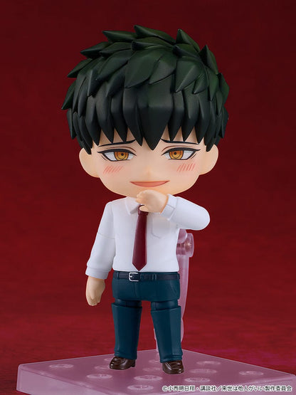 Yakuza Fiance: Raise wa Tanin ga li Nendoroid No.2629 Kirishima Miyama figure in business attire with a smiling expression, making a heart-shaped hand gesture