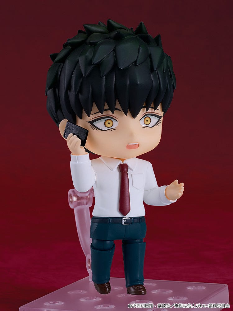 Yakuza Fiance: Raise wa Tanin ga li Nendoroid No.2629 Kirishima Miyama figure in business attire with a smiling expression, making a heart-shaped hand gesture