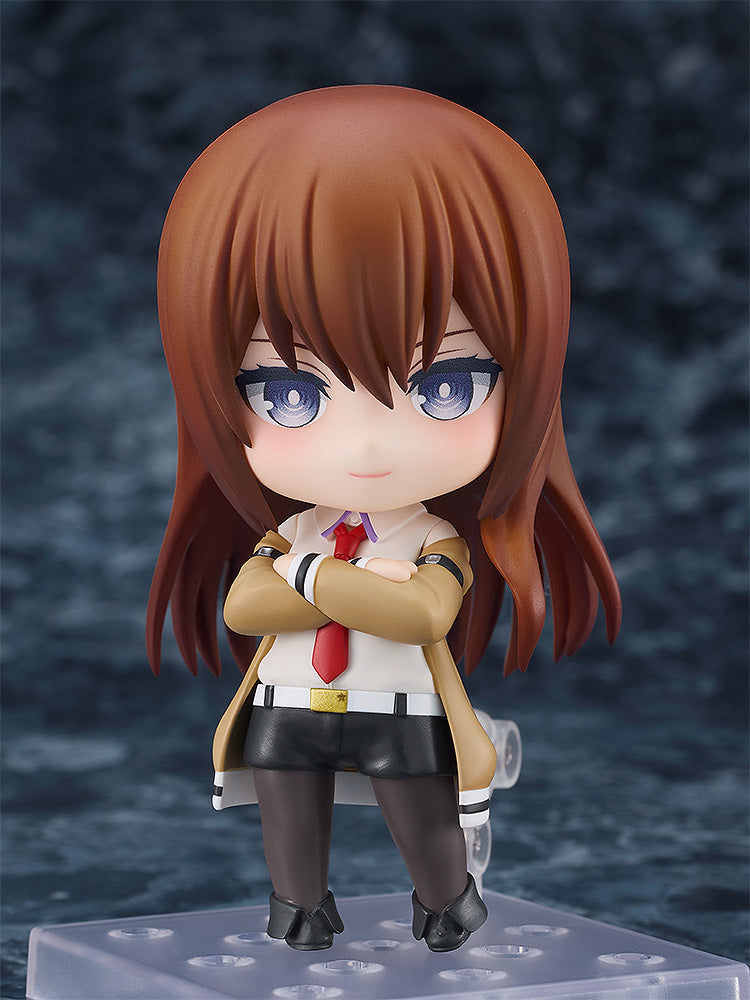 Steins;Gate Nendoroid No.2521 Kurisu Makise (2.0) featuring signature lab coat, red tie, and multiple accessories, perfect for fans and collectors.