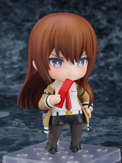 Steins;Gate Nendoroid No.2521 Kurisu Makise (2.0) featuring signature lab coat, red tie, and multiple accessories, perfect for fans and collectors.