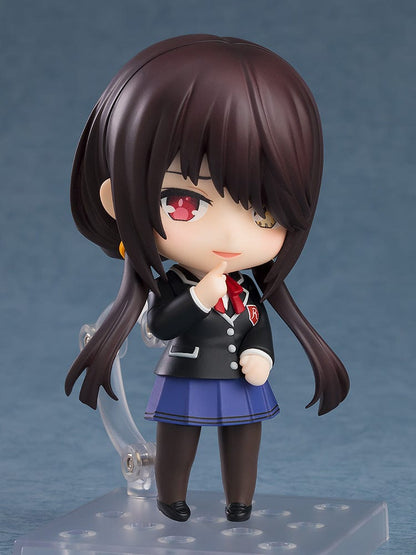Nendoroid figure No.2455 of Kurumi Tokisaki from Date a Live, dressed in her school uniform, with a coy expression, detailed brown hair, and her signature clock eye, encapsulating her unique blend of schoolgirl innocence and timeless beauty.