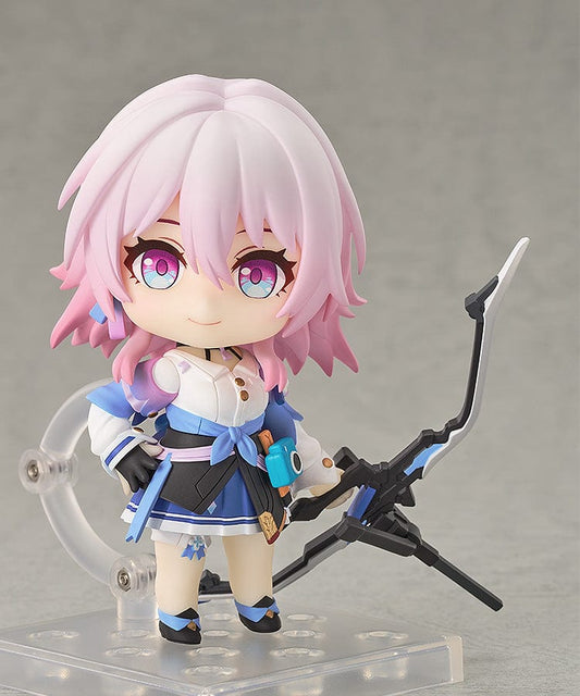 Honkai: Star Rail March 7th Nendoroid holding her bow, with pink hair and detailed explorer attire, encapsulating her adventurous spirit.