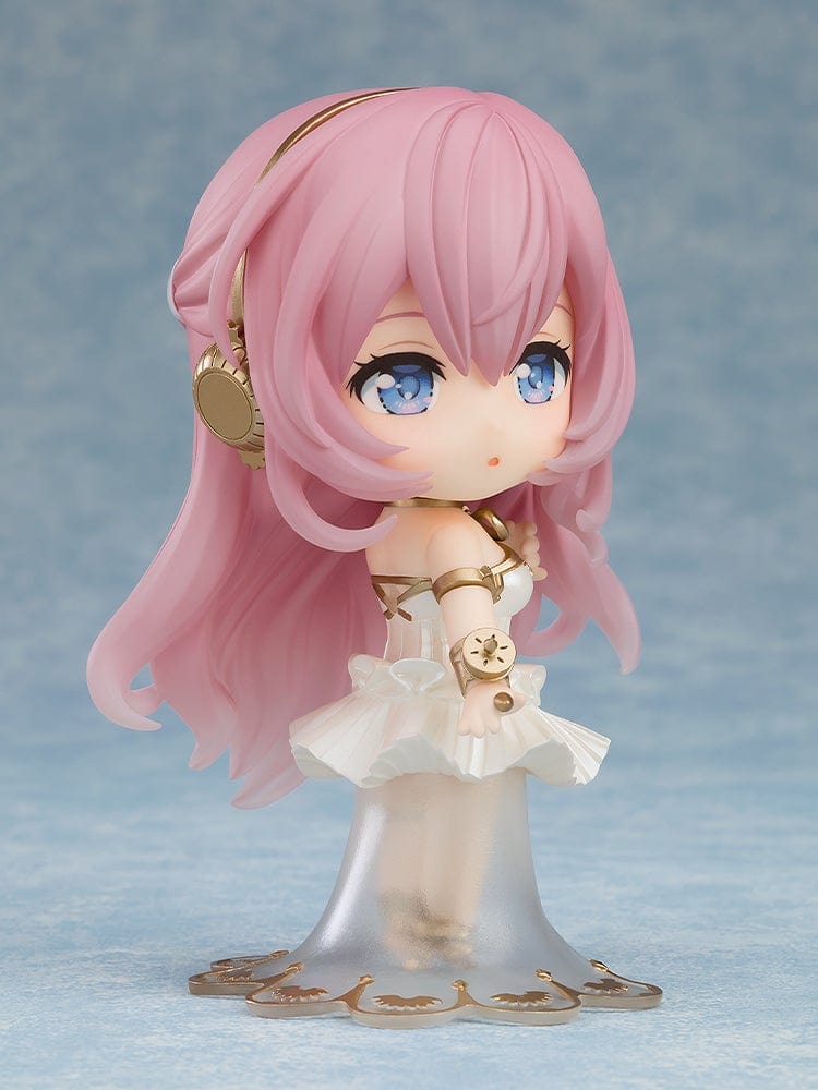 Vocaloid Nendoroid No.2646 Megurine Luka (2024 Symphony Ver.) in elegant white and gold symphonic outfit with flowing pink hair and serene pose