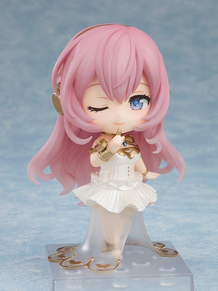 Vocaloid Nendoroid No.2646 Megurine Luka (2024 Symphony Ver.) in elegant white and gold symphonic outfit with flowing pink hair and serene pose