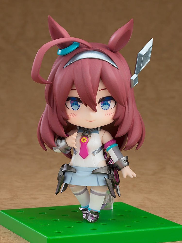 Mihono Bourbon Nendoroid No.2665 from Uma Musume: Pretty Derby in her racing outfit, featuring posable joints and interchangeable expressions.