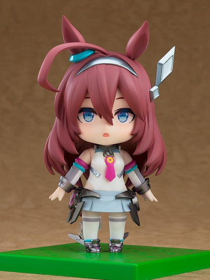 Mihono Bourbon Nendoroid No.2665 from Uma Musume: Pretty Derby in her racing outfit, featuring posable joints and interchangeable expressions.