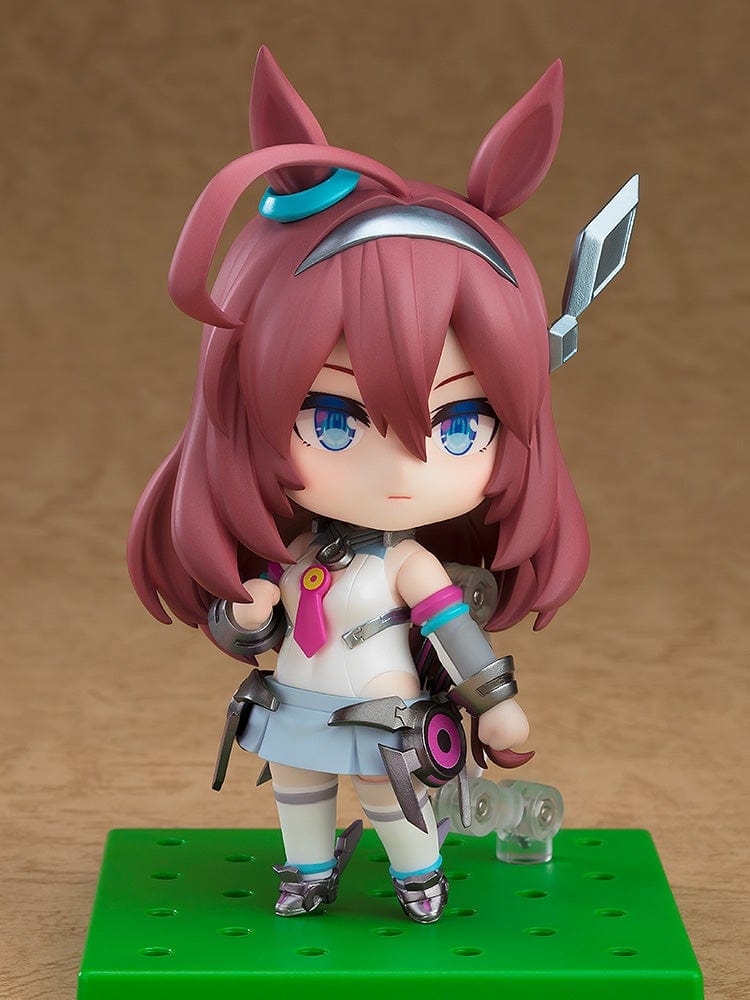 Mihono Bourbon Nendoroid No.2665 from Uma Musume: Pretty Derby in her racing outfit, featuring posable joints and interchangeable expressions.