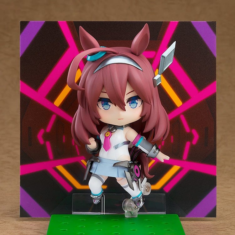 Mihono Bourbon Nendoroid No.2665 from Uma Musume: Pretty Derby in her racing outfit, featuring posable joints and interchangeable expressions.