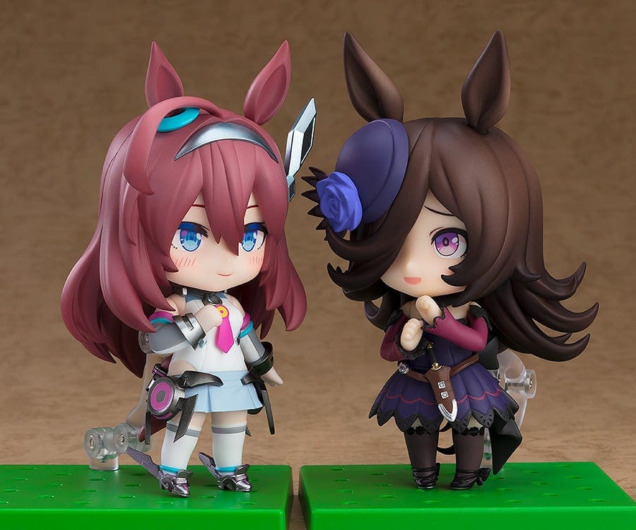 Mihono Bourbon Nendoroid No.2665 from Uma Musume: Pretty Derby in her racing outfit, featuring posable joints and interchangeable expressions.