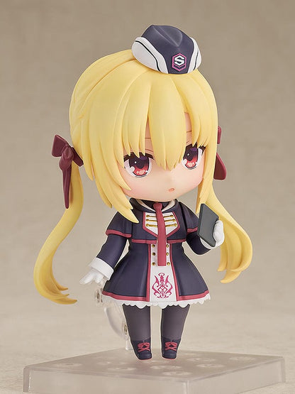 Nendoroid figure of Nanami Arihara from Riddle Joker, featuring multiple expressions and wearing a school uniform with a hat, complete with a chocolate bar accessory, on a clear plastic base.