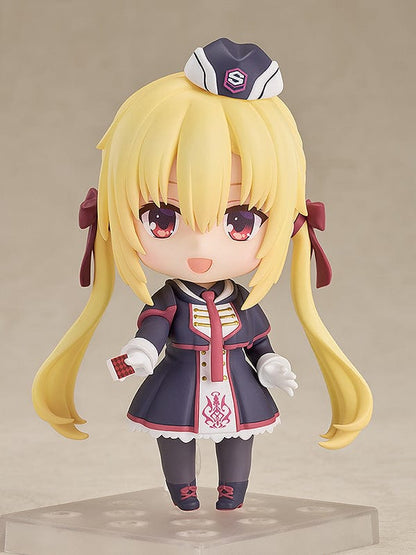 Nendoroid figure of Nanami Arihara from Riddle Joker, featuring multiple expressions and wearing a school uniform with a hat, complete with a chocolate bar accessory, on a clear plastic base.