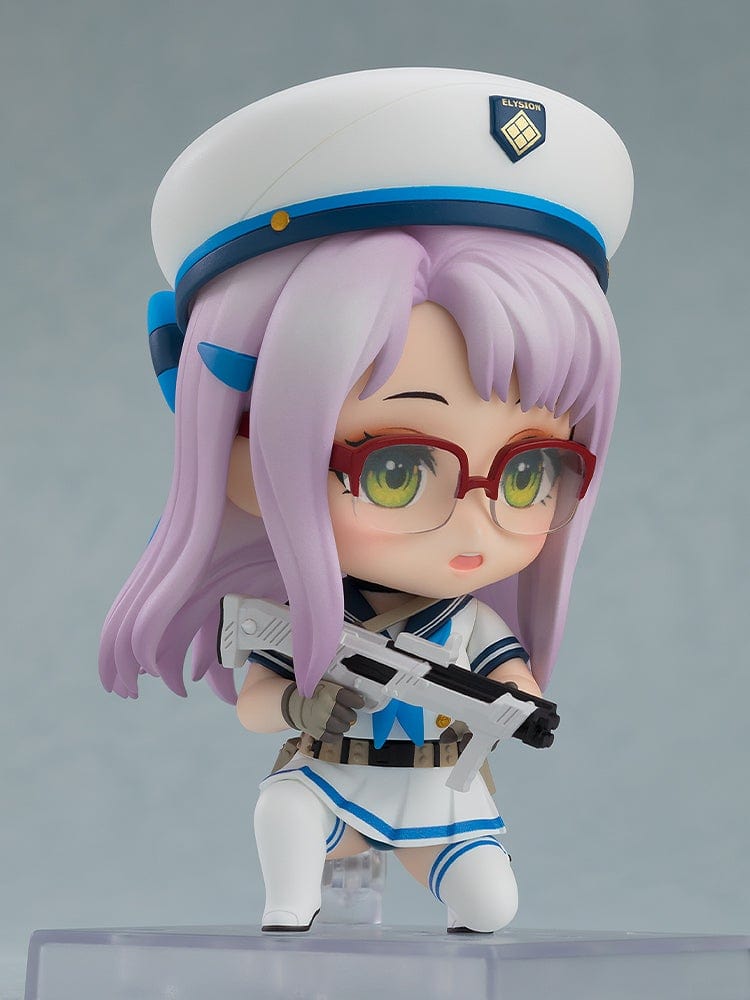 Goddess of Victory: Nikke Nendoroid No.2671 Neon in her naval-inspired uniform, complete with lavender hair, red glasses, and expressive green eyes.