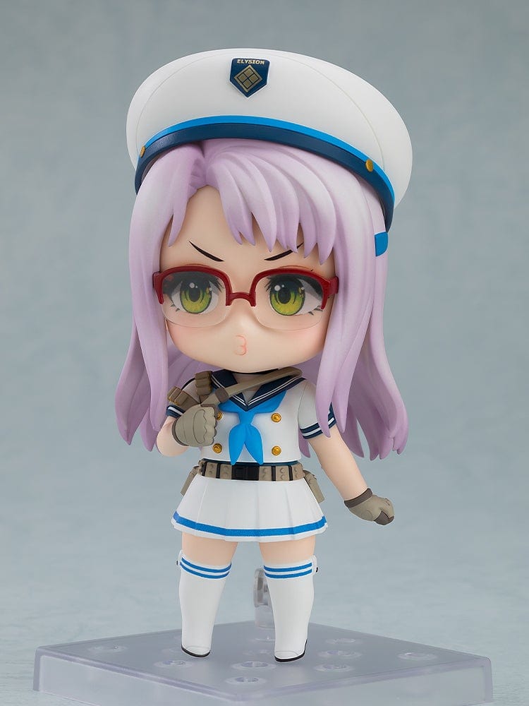 Goddess of Victory: Nikke Nendoroid No.2671 Neon in her naval-inspired uniform, complete with lavender hair, red glasses, and expressive green eyes.