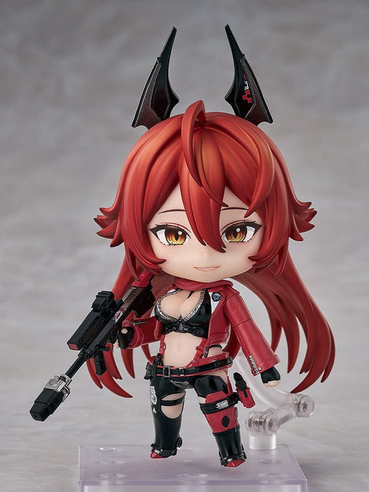 Nendoroid Red Hood from Goddess of Victory: Nikke in a red-black outfit with a sniper rifle and black horn accessories, smiling confidently.

