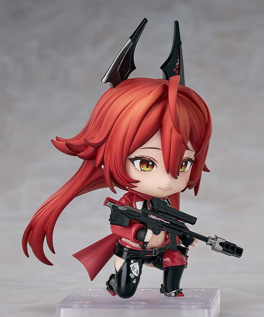Nendoroid Red Hood from Goddess of Victory: Nikke in a red-black outfit with a sniper rifle and black horn accessories, smiling confidently.


