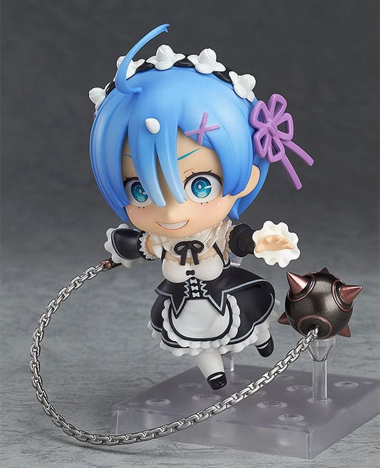 Re:Zero Nendoroid No.663 Rem figure in classic black-and-white maid outfit, holding tray, with blue hair and serious expression in chibi form

