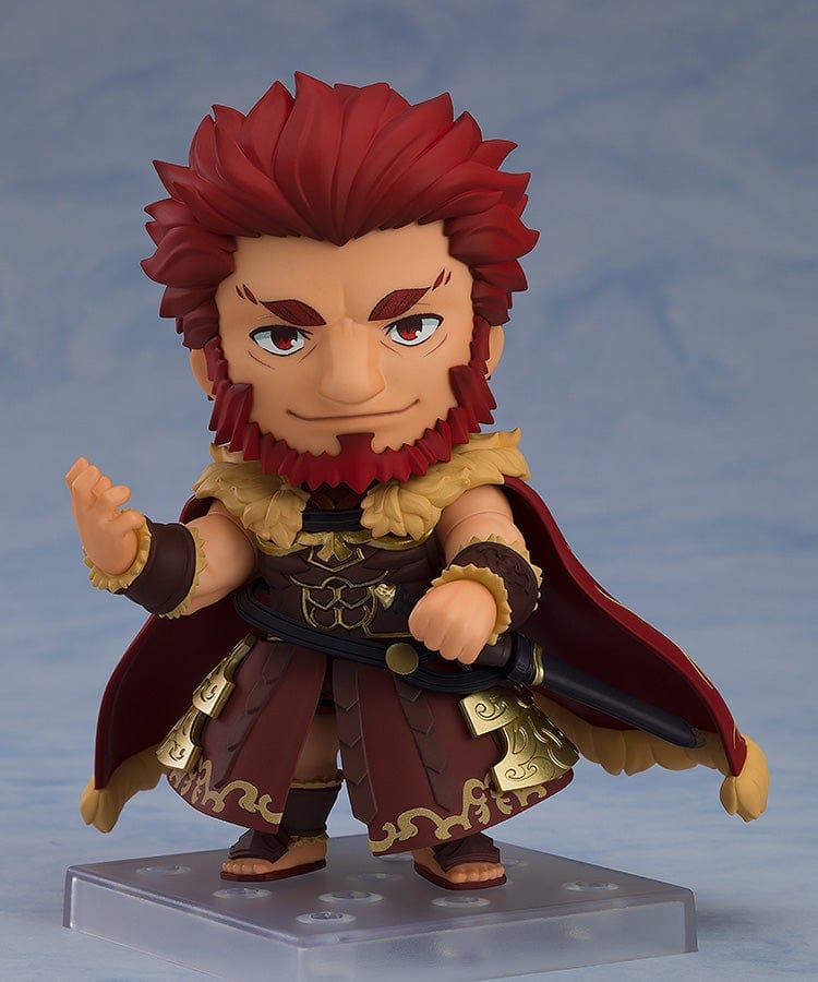 Fate/Grand Order Nendoroid No.2666-DX Rider/Iskandar figure in a heroic pose on his horse, showcasing his crimson cape and detailed armor.