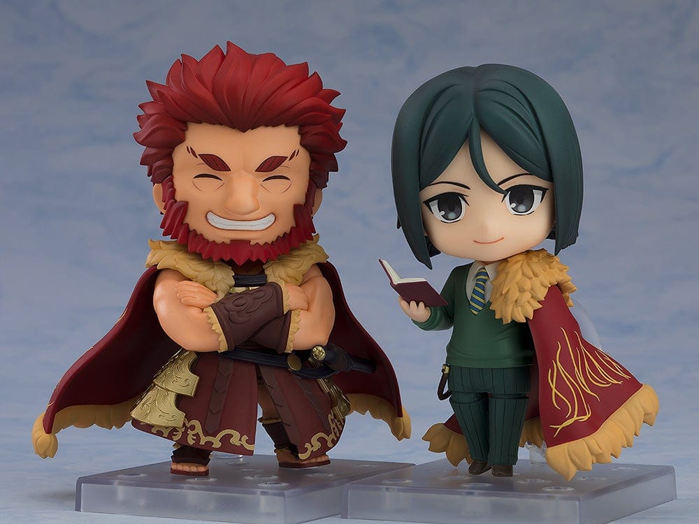 Fate/Grand Order Nendoroid No.2666-DX Rider/Iskandar figure in a heroic pose on his horse, showcasing his crimson cape and detailed armor.