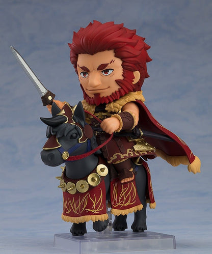 Fate/Grand Order Nendoroid No.2666-DX Rider/Iskandar figure in a heroic pose on his horse, showcasing his crimson cape and detailed armor.