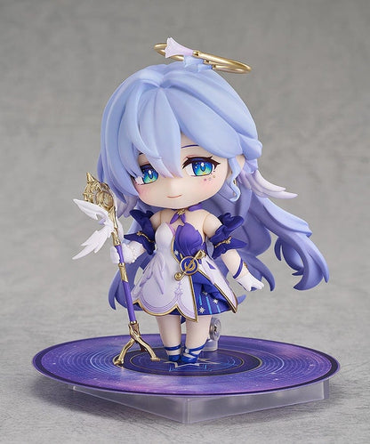 Honkai: Star Rail Nendoroid No.2694 Robin figure with sky-blue hair, a white and purple outfit, gold accents, and a halo accessory.