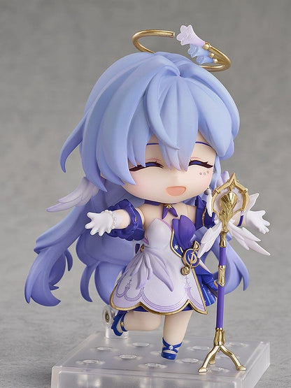 Honkai: Star Rail Nendoroid No.2694 Robin figure with sky-blue hair, a white and purple outfit, gold accents, and a halo accessory.