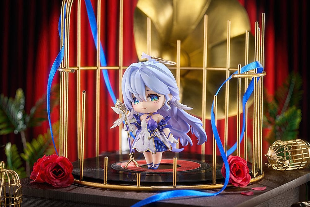 Honkai: Star Rail Nendoroid No.2694 Robin figure with sky-blue hair, a white and purple outfit, gold accents, and a halo accessory.