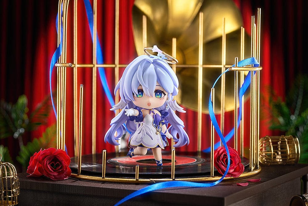 Honkai: Star Rail Nendoroid No.2694 Robin figure with sky-blue hair, a white and purple outfit, gold accents, and a halo accessory.