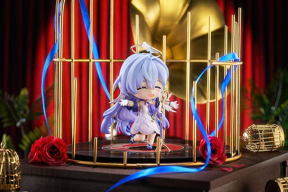 Honkai: Star Rail Nendoroid No.2694 Robin figure with sky-blue hair, a white and purple outfit, gold accents, and a halo accessory.