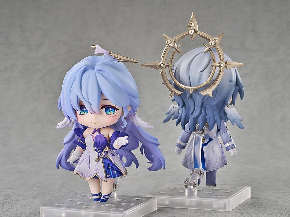 Honkai: Star Rail Nendoroid No.2694 Robin figure with sky-blue hair, a white and purple outfit, gold accents, and a halo accessory.