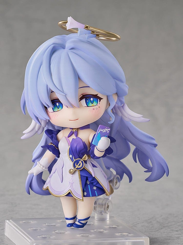 Honkai: Star Rail Nendoroid No.2694 Robin figure with sky-blue hair, a white and purple outfit, gold accents, and a halo accessory.