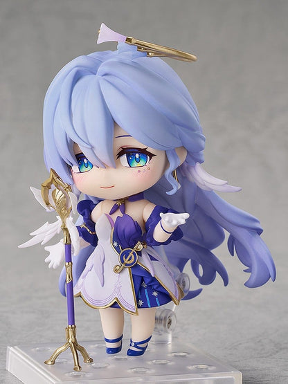 Honkai: Star Rail Nendoroid No.2694 Robin figure with sky-blue hair, a white and purple outfit, gold accents, and a halo accessory.