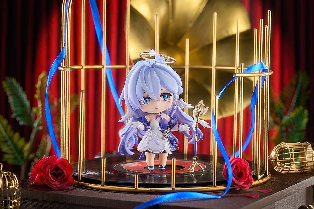 Honkai: Star Rail Nendoroid No.2694 Robin figure with sky-blue hair, a white and purple outfit, gold accents, and a halo accessory.