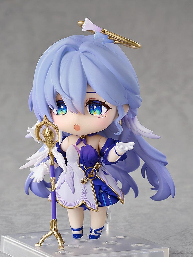 Honkai: Star Rail Nendoroid No.2694 Robin figure with sky-blue hair, a white and purple outfit, gold accents, and a halo accessory.