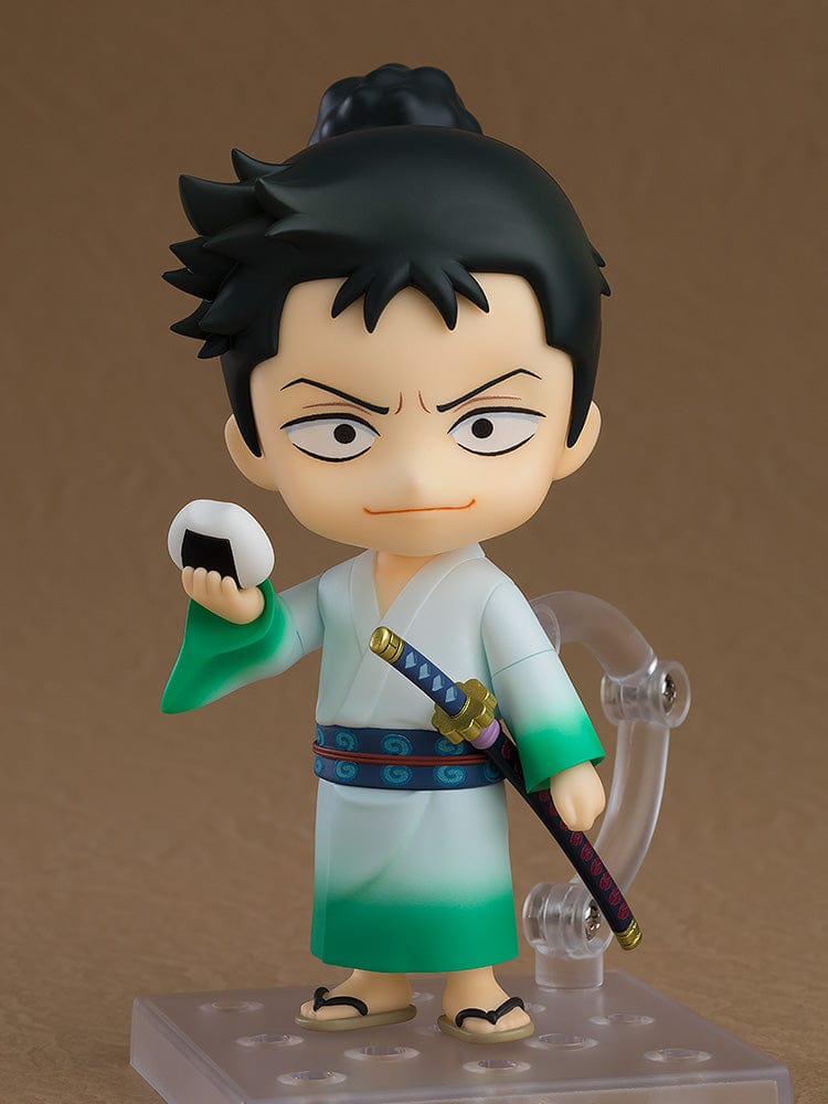 Monsters: 103 Mercies Dragon Damnation Nendoroid No.2499 Ryuma Shimotsuki, featuring Ryuma in a green-gradient kimono, holding a rice ball with his katana at his side, standing in a dynamic pose.