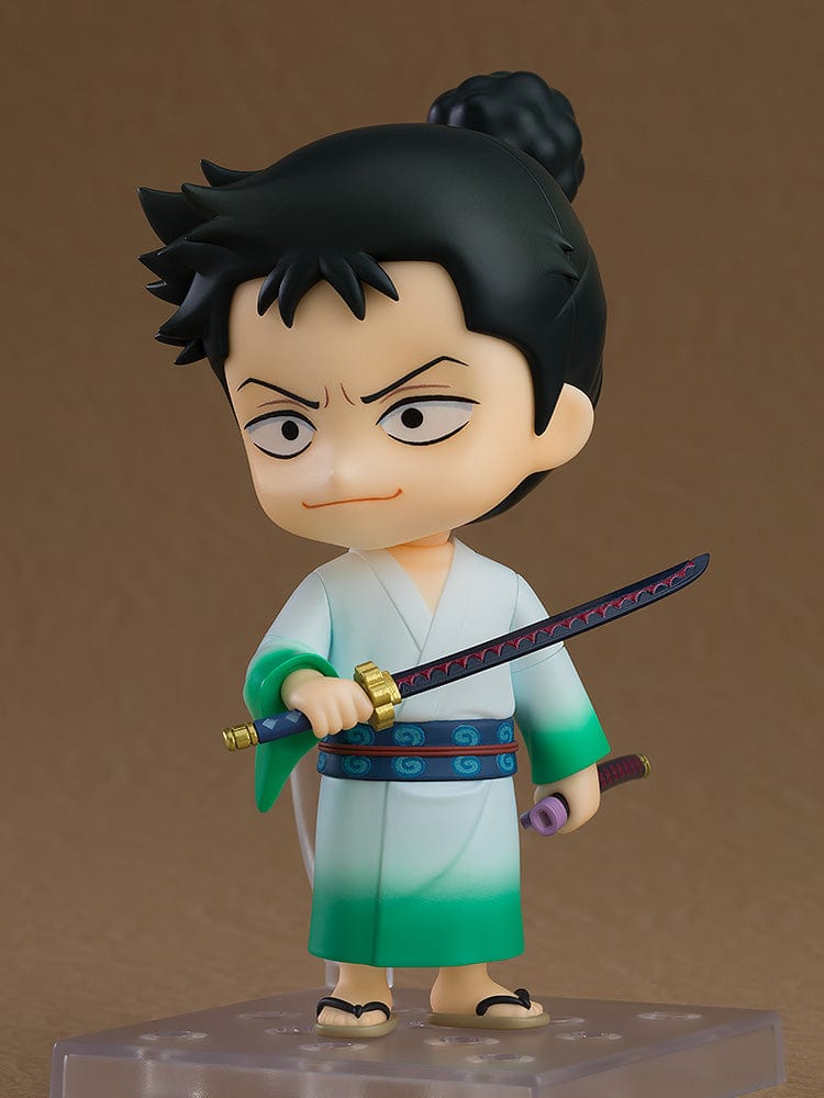 Monsters: 103 Mercies Dragon Damnation Nendoroid No.2499 Ryuma Shimotsuki, featuring Ryuma in a green-gradient kimono, holding a rice ball with his katana at his side, standing in a dynamic pose.