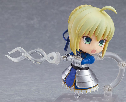 Chibi-style Nendoroid figure of Altria Pendragon (Saber) from Fate/Grand Order, wearing a crown, armored outfit, blue cape, and holding Excalibur sword – True Name Revealed Ver. (Reissue).

