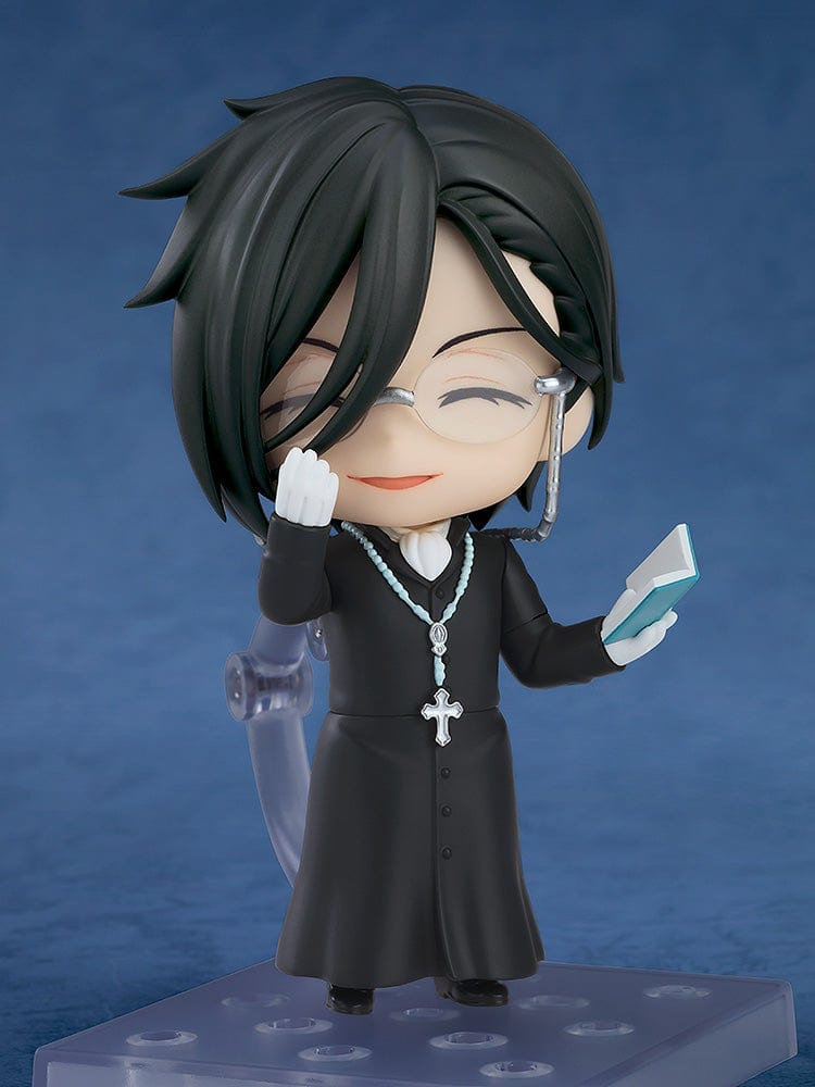 Black Butler Nendoroid No.2670 Sebastian Michaelis (Sapphire Owl Ver.) figure featuring detailed priest-inspired attire, a rosary necklace, and glasses, posed against a blue background.