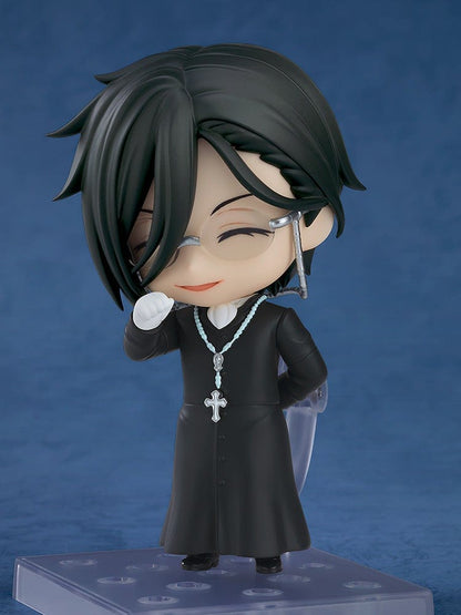 Black Butler Nendoroid No.2670 Sebastian Michaelis (Sapphire Owl Ver.) figure featuring detailed priest-inspired attire, a rosary necklace, and glasses, posed against a blue background.