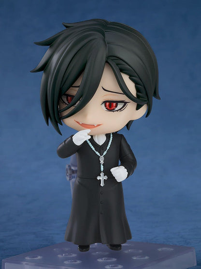 Black Butler Nendoroid No.2670 Sebastian Michaelis (Sapphire Owl Ver.) figure featuring detailed priest-inspired attire, a rosary necklace, and glasses, posed against a blue background.