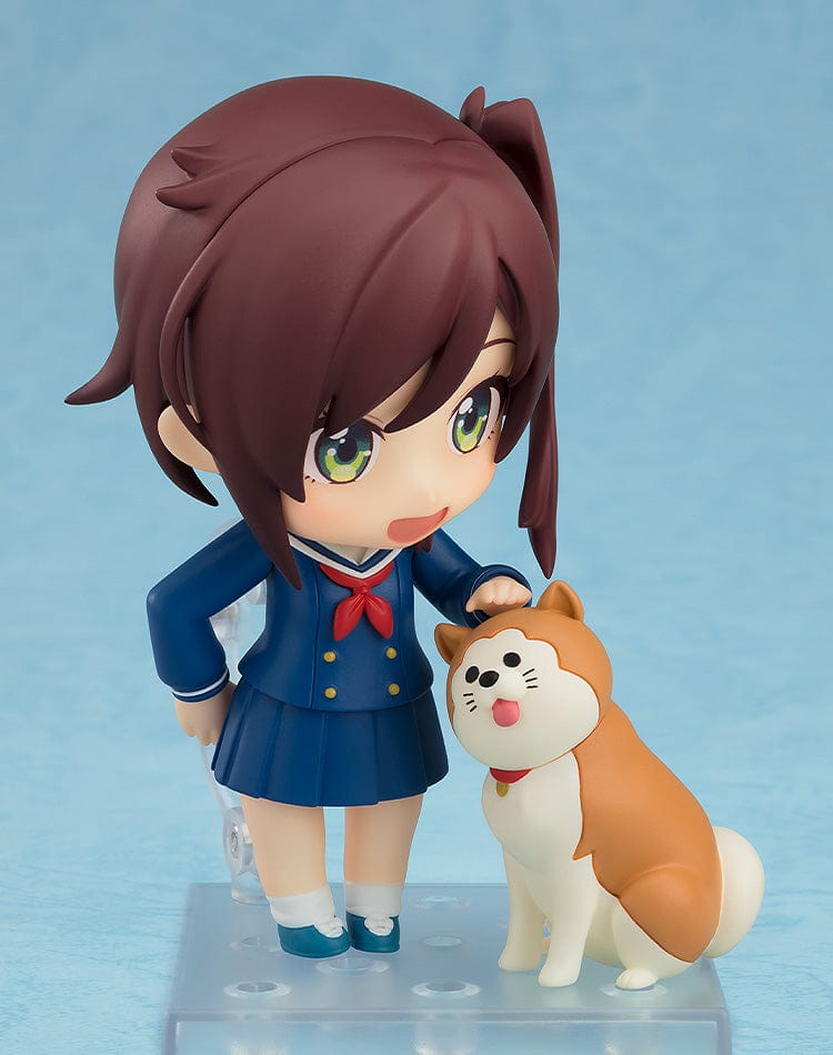 Nendoroid No.2561 Shizuru Chikura and Pochi from Train to the End of the World, featuring Shizuru in a school uniform with her dog Pochi.