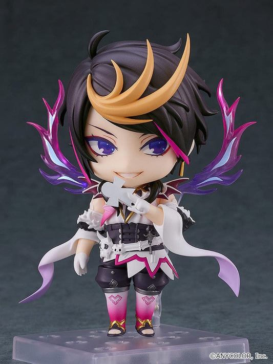 Nijisanji Nendoroid No.2467 Shu Yamino with dynamic purple accents, a crescent moon emblem, and a charming expression, bringing the VTuber's virtual persona to life.