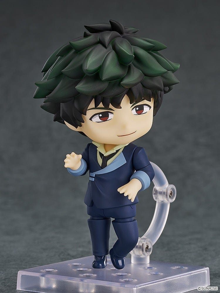 Cowboy Bebop Nendoroid No.2651 Spike Spiegel in his navy suit, holding his pistol, with green tousled hair and red eyes.