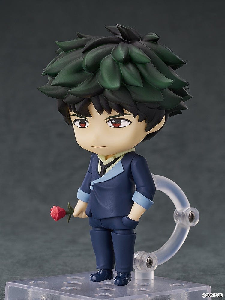 Cowboy Bebop Nendoroid No.2651 Spike Spiegel in his navy suit, holding his pistol, with green tousled hair and red eyes.