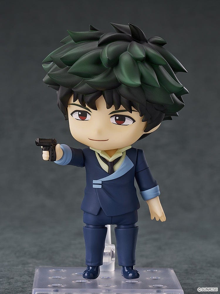 Cowboy Bebop Nendoroid No.2651 Spike Spiegel in his navy suit, holding his pistol, with green tousled hair and red eyes.