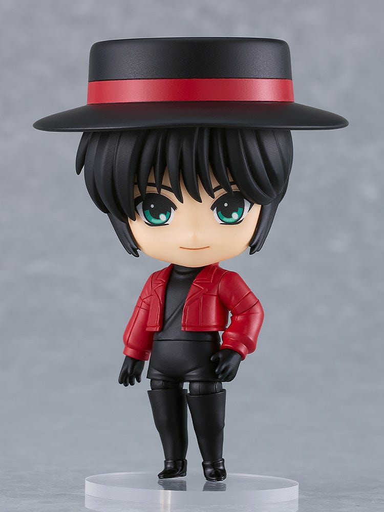 Tokyo Babylon Nendoroid No.2615 Subaru Sumeragi, wearing a red jacket and wide-brimmed hat with a red ribbon, standing ready for action.