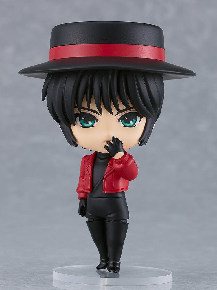 Tokyo Babylon Nendoroid No.2615 Subaru Sumeragi, wearing a red jacket and wide-brimmed hat with a red ribbon, standing ready for action.