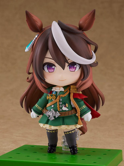 Uma Musume: Pretty Derby Nendoroid No.2619 Symboli Rudolf in her elegant green racing uniform with medals and a red cape.